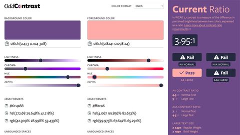 showing a purple background color and a peach foreground color
    with a 3.95:1 contrast ratio failing for AA Normal, AAA Normal,
    and AAA Large font sizes, but passing for AA Large font size
