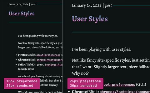 Two screenshots from my site, one with 16px preference and 24px rendered text - the other with much larger 24px preference and 36px rendered