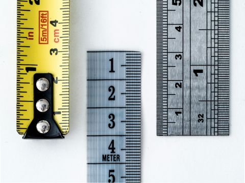 A measuring tape with both imperial and metric, then a ruler with only metric, and another ruler with combined units