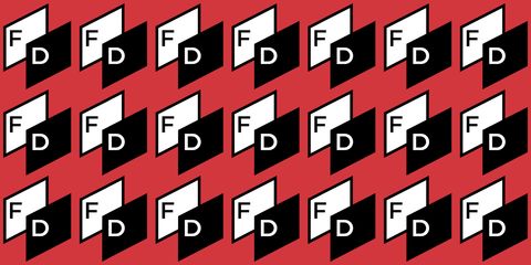FD logo repeated on a red background