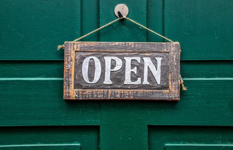 door with an open sign