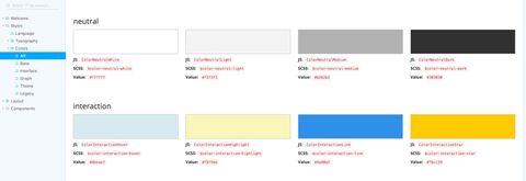 UI component library color palette options grouped by category